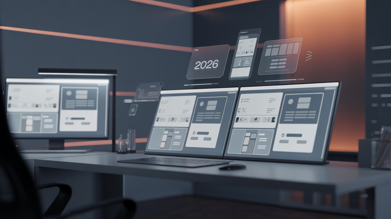 Moderne webdesign workspace med futuristiske UI-elementer og kreativt design